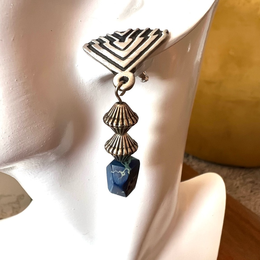 Alice Seely Silver-Tone Geometric Earrings with Lapis - Picture 2 of 2